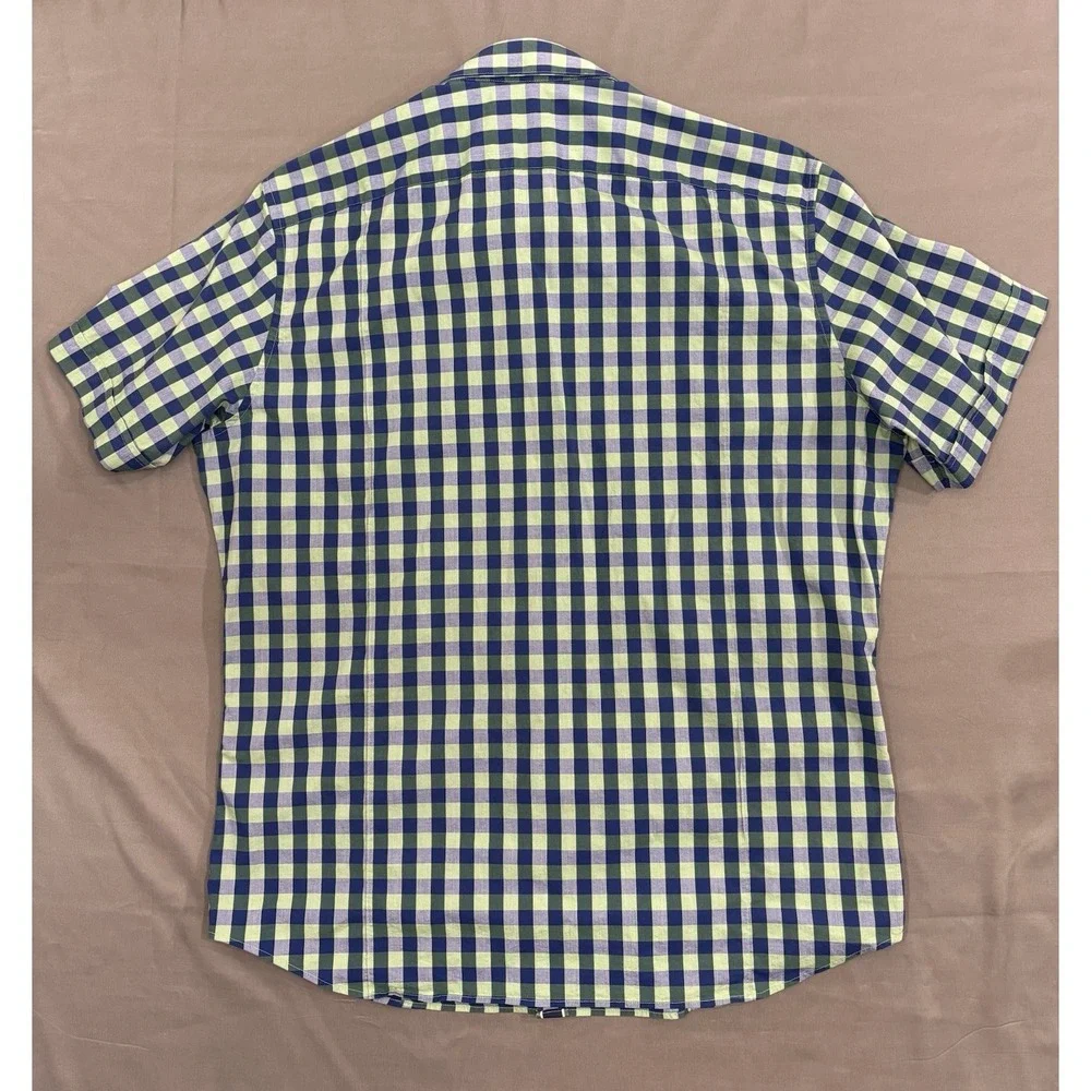 Banana Republic Men's Large L Green Blue Plaid Button Front Short-Sleeve Shirt